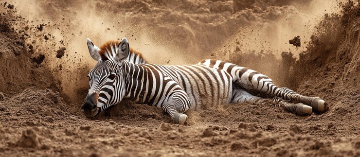 PSD zebra cubierta de polvo después de rodar en la arena