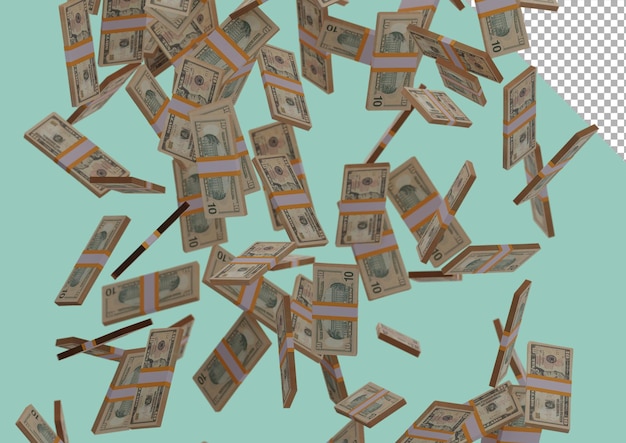 Zehn-Dollar-Stapel Geld, 3D-Rendering, Illustration, Dollarscheine isoliert auf dem Hintergrund