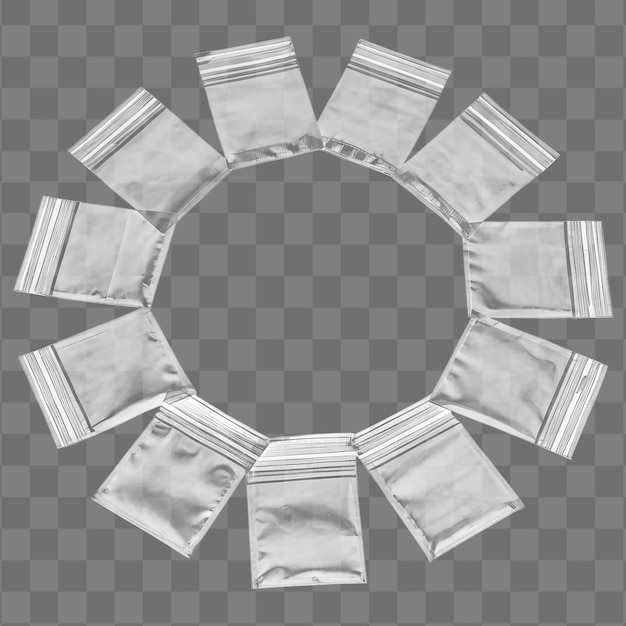 Zehn kleine leere Plastiktüten, die auf einem durchsichtigen Hintergrund kreisförmig angeordnet sind
