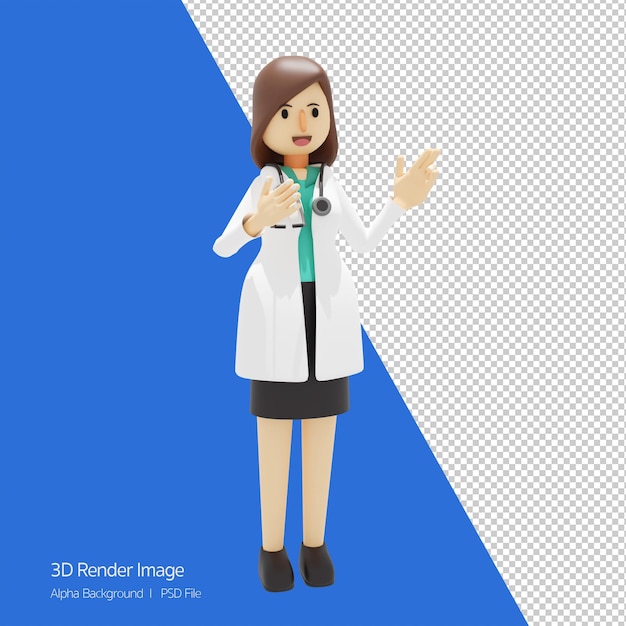 Zeichentrickfigur 3d-Illustration eines lächelnden, glücklichen Ärztin-Holdings gibt ein Empfehlungskonzept für medizinische Krankenhauskliniken