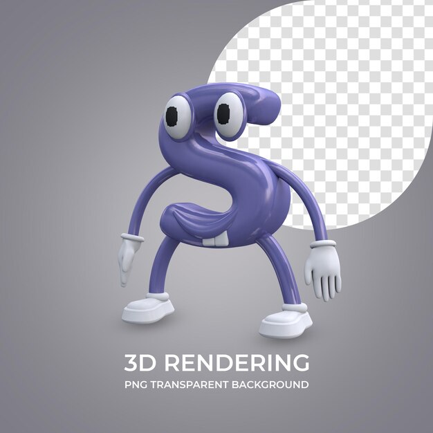 Zeichentrickfigur Buchstabe S 3D-Rendering isoliert transparenten Hintergrund