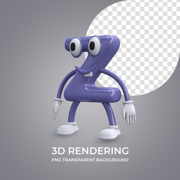 Zeichentrickfigur Buchstabe Z 3D-Rendering isoliert transparenten Hintergrund