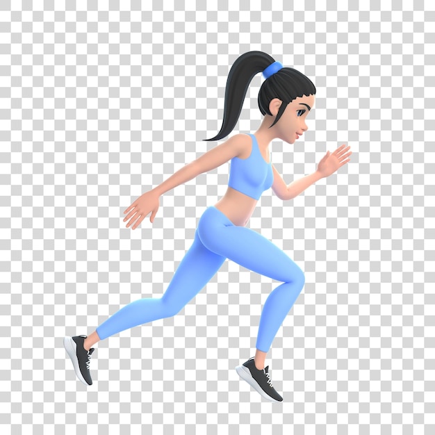 Zeichentrickfigur Frau in Sportbekleidung läuft isoliert auf weißem Hintergrund 3D-Renderdarstellung