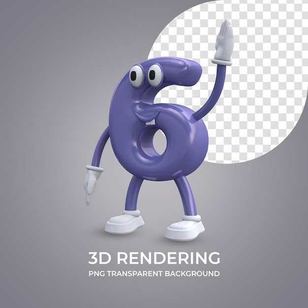 Zeichentrickfigur Nummer 6 3D-Rendering isoliert transparenten Hintergrund