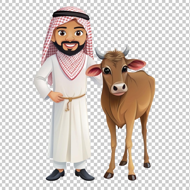 PSD zeichentrickfilm junger arabischer mann, der eine kuh hält