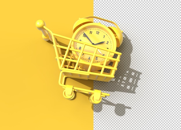 Zeitlich begrenzter Einkaufswagen mit Retro-Wecker isoliert transparente PSD-Datei.
