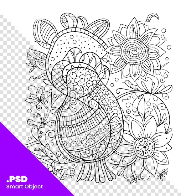 PSD zentangle stilisierter vogel mit blumen. handgezeichnete vektorillustration für die psd-vorlage für malbuchseiten für erwachsene