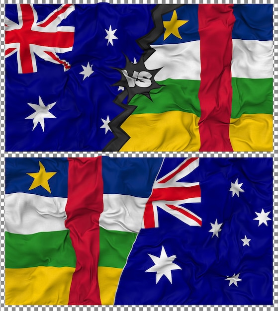 Zentralafrikanische Republik gegen Australien Halbkombinierte Flagge Stoff-Bump-Textur 3D-Rendering
