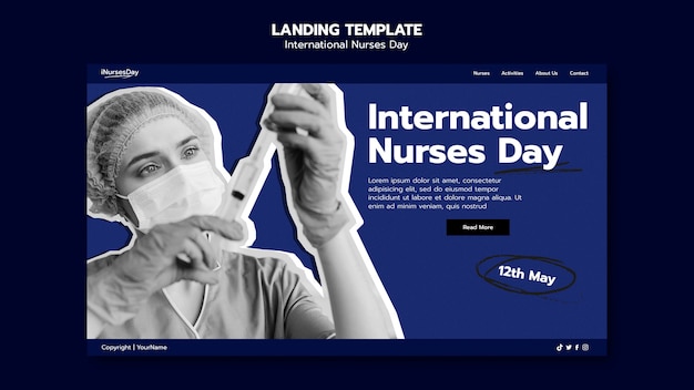 Zielseitenvorlage für den internationalen krankenschwesterntag mit krankenschwester, die eine medizinische maske trägt