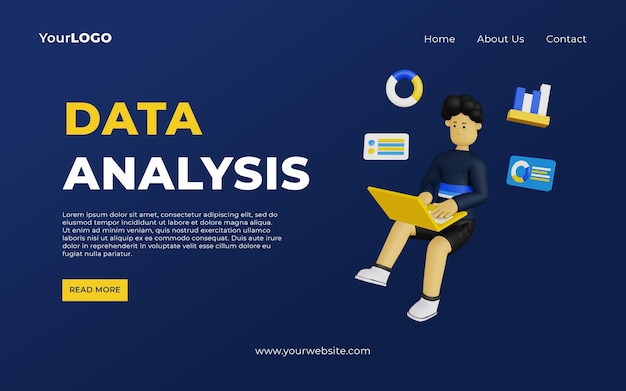 Zielseitenvorlage für die datenanalyse mit männlicher 3d-cartoon-figur verwendet einen laptop psd