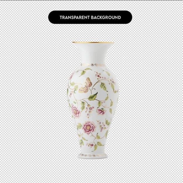 Ziervase, isoliert auf durchsichtigem Porzellan, antike Vase mit bemalten Blumen, Vase