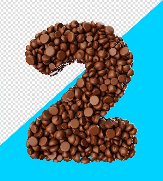 Ziffer 2 aus Schokoladenstückchen Schokoladenstückchen Alphabet Numerisch Zwei 3D-Darstellung