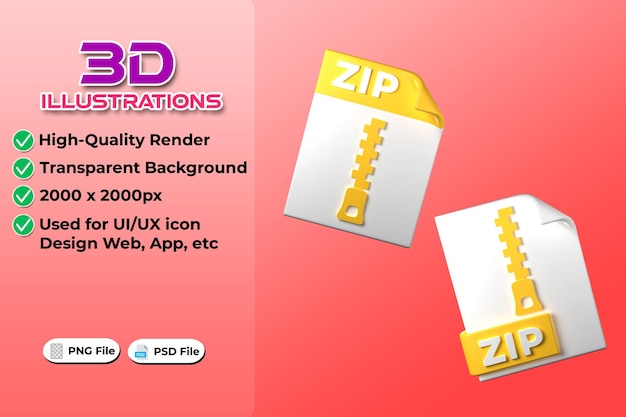ZIP File Type 3D rendering on transparent background Ui UX icon design web and app trend