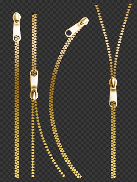 Zippers dourados em um fundo transparente vários estilos