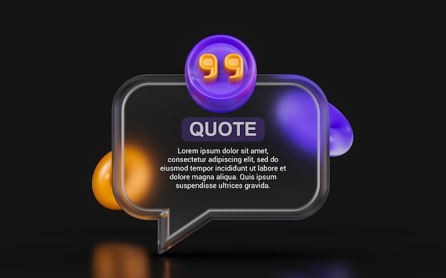 Zitat leere Chat-Blase Zeichen Glas Morphismus auf dunklem Hintergrund 3D-Render-Konzept für den Dialog