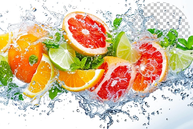 Zitrus-Splash-Salat Ein lebendiger Salat mit Zitrusfrüchten auf durchsichtigem Hintergrund