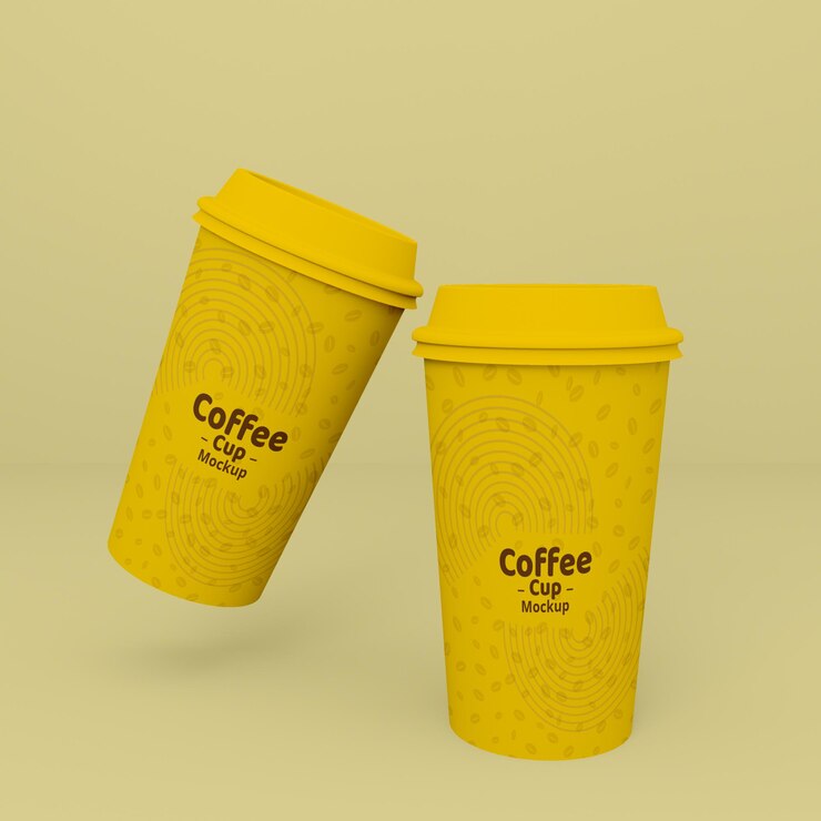 Žlutý šálek na kávu realistický 3D mockup design
