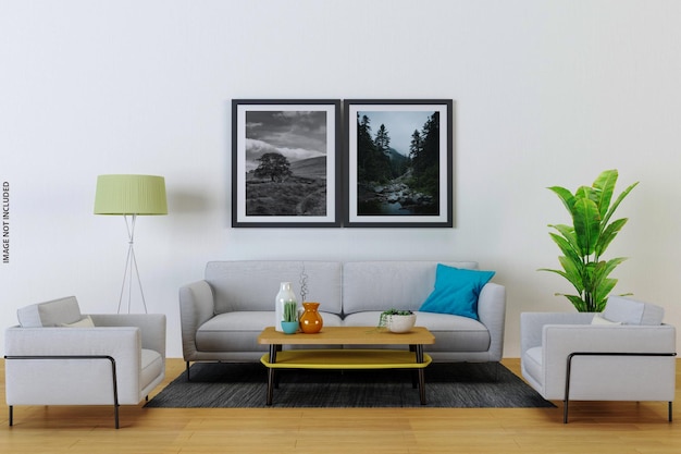 Zombe de pôster com design de interiores de sala de estar moderna com parede vazia