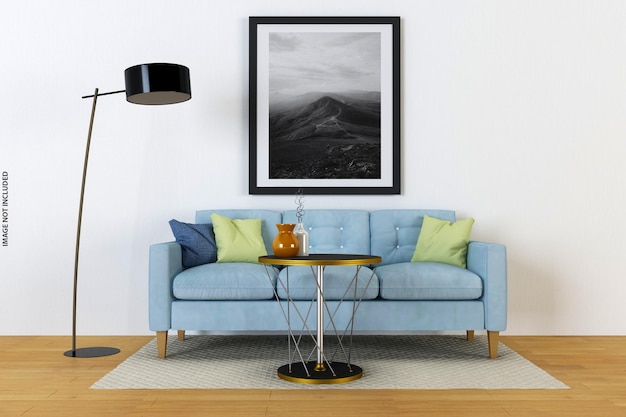 Zombe de pôster com design de interiores de sala de estar moderna com parede vazia