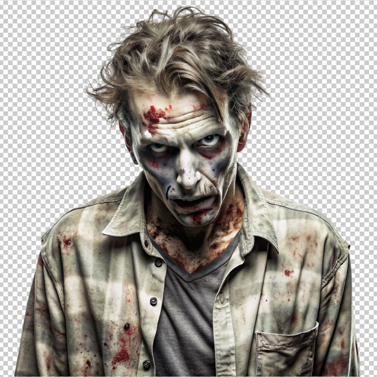 PSD zombi horror triste zombi con la ropa rasgada en un fondo transparente