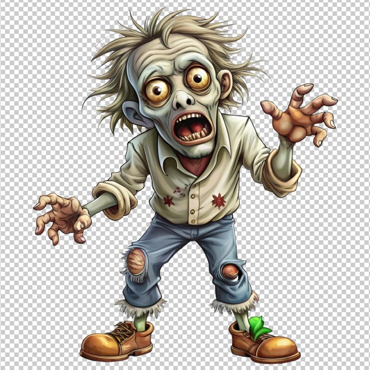 PSD zombie de dibujos animados con ropa en jirones expreso aterrador en fondo transparente
