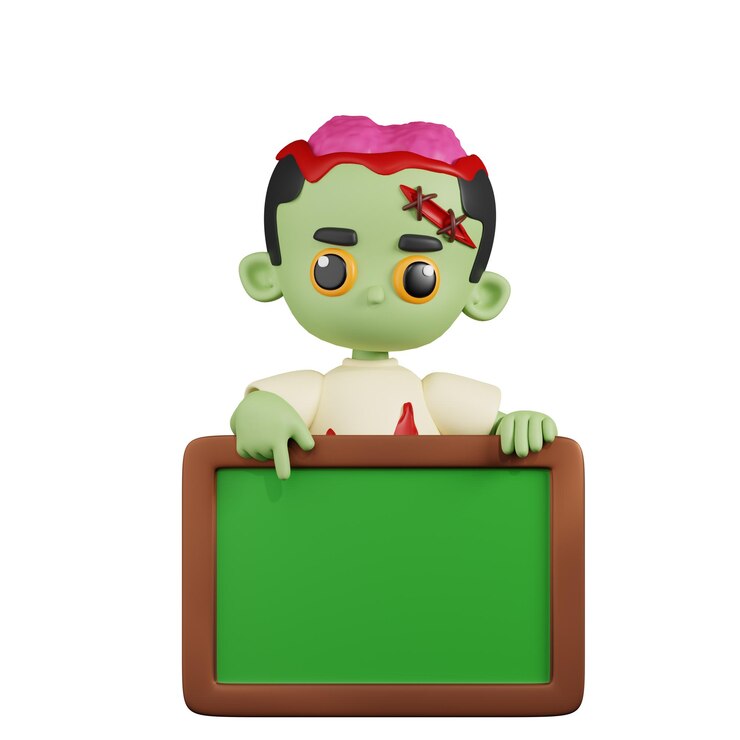 PSD zombie con una gran pizarra blanca pose de dibujos animados en 3d