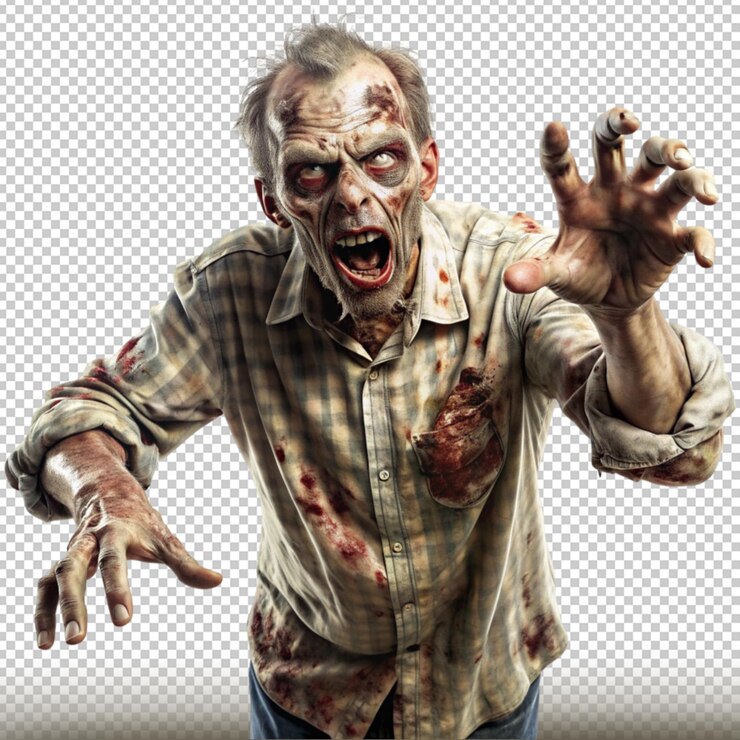 PSD zombie con piel en descomposición y brazos extendidos aislados sobre un fondo transparente
