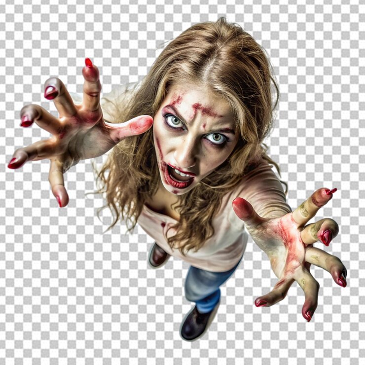 PSD zombie con piel en descomposición y brazos extendidos