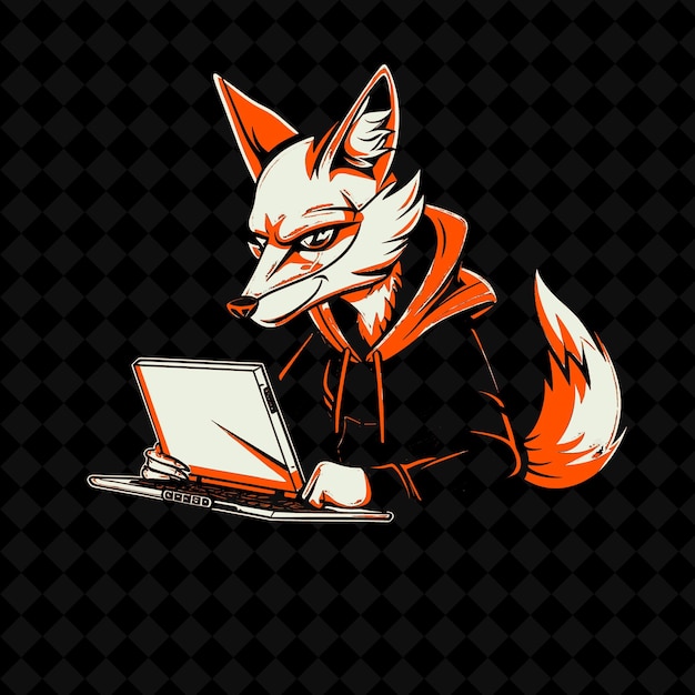 un zorro con una computadora portátil en el pecho y las palabras zorro en la pantalla
