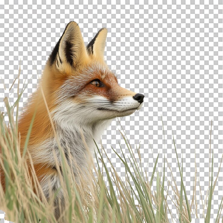 PSD el zorro se esconde a través de la hierba alta contra un fondo transparente para estudios de vida silvestre contenido temático de la naturaleza o materiales educativos