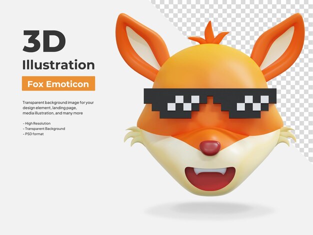 PSD zorro con gafas de píxeles emoticono ilustración 3d