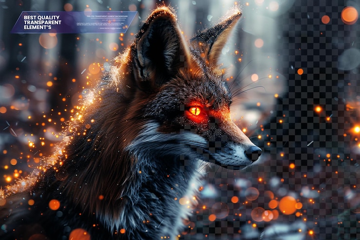 PSD zorro místico con pelaje reluciente y ojos brillantes en un fondo transparente