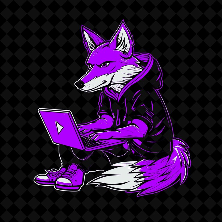 PSD zorro púrpura con una computadora portátil en su regazo