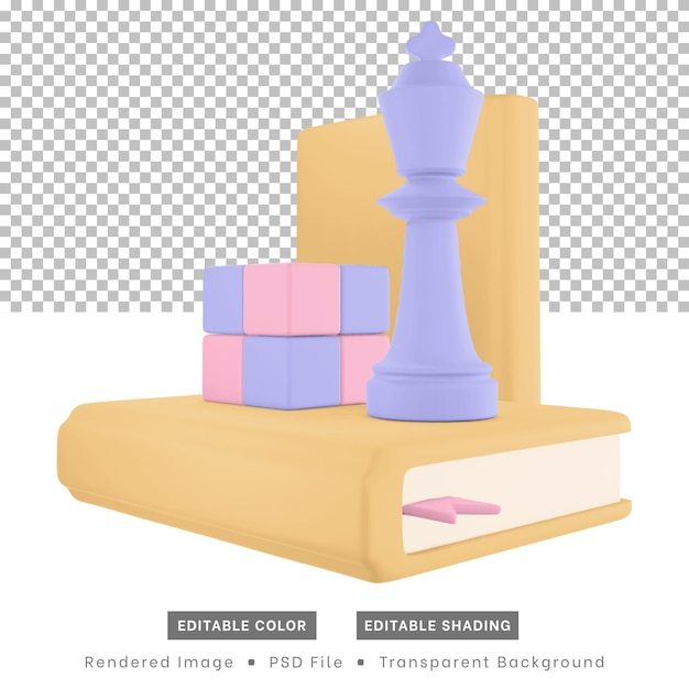 PSD zu den 3d-rendering-hobbysymbolen gehören bücher, schachfiguren und würfelpuzzles