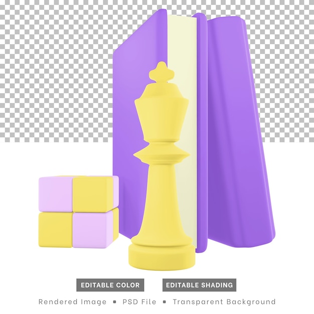 Zu den 3d-rendering-hobbysymbolen gehören bücher, schachfiguren und würfelpuzzles