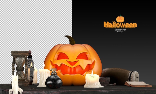 Zucca di Halloween che si scioglie candele pozione magica bottiglia vecchio libro vecchio timer sabbia sensoriale sul vecchio tavolo