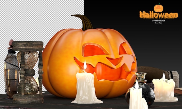 Zucca di Halloween che si scioglie candele pozione magica bottiglia vecchio libro vecchio timer sabbia sensoriale sul vecchio tavolo