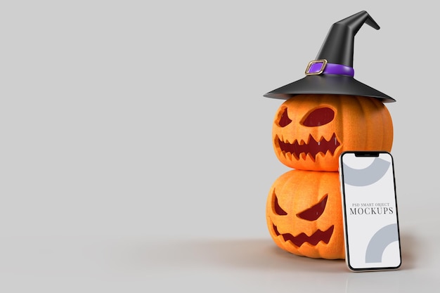 Zucche mock-up di Halloween, cappello da strega con smartphone. Modello di concetto di Halloween