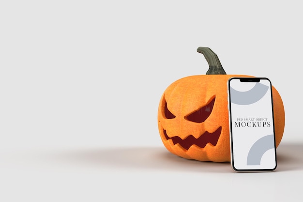 Zucche mock-up di Halloween con smartphone. Modello di concetto di Halloween