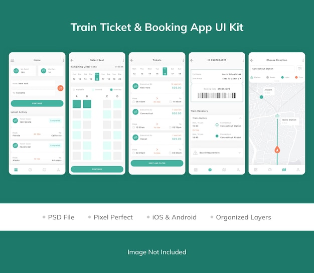 Zugticket- und Buchungs-App-UI-Kit