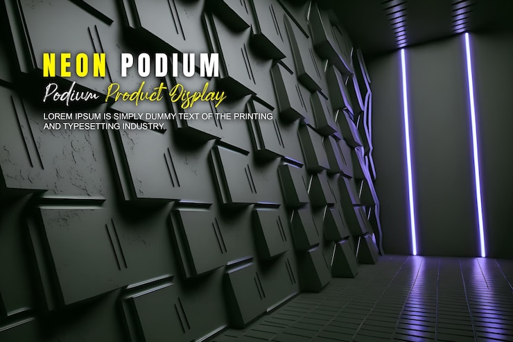 PSD zukunftsorientierte podium-ausstellung mockup produktpräsentation mit neonlicht-szene produkt-dispaly