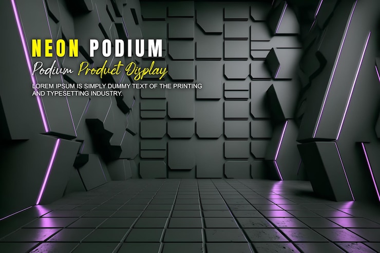 PSD zukunftsorientierte podium-ausstellung mockup produktpräsentation mit neonlicht-szene produkt-dispaly