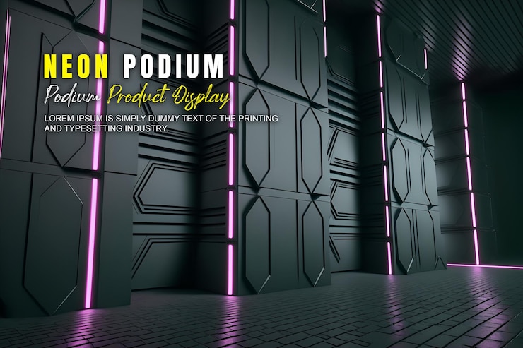 PSD zukunftsorientierte podium-ausstellung mockup produktpräsentation mit neonlicht-szene produkt-dispaly
