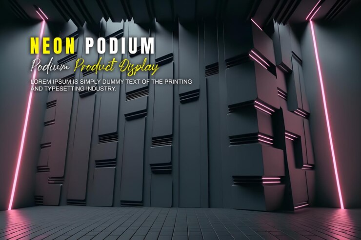 PSD zukunftsorientierte podium-ausstellung mockup produktpräsentation mit neonlicht-szene produkt-dispaly