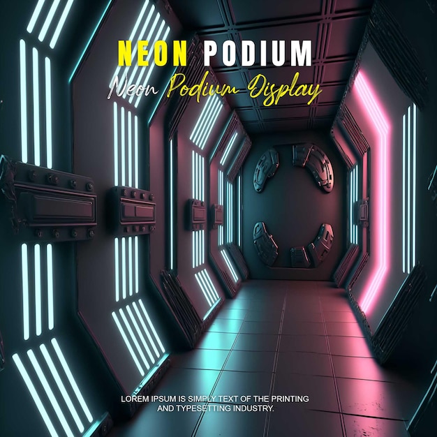 PSD zukunftsorientierte podium-ausstellung mockup produktpräsentation mit neonlicht-szene produkt-dispaly