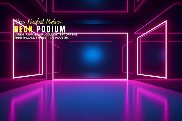 Zukunftsorientierte Podiumsvorführung, Mockup-Produktpräsentation mit Neonlichtszene, Produktvorstellung
