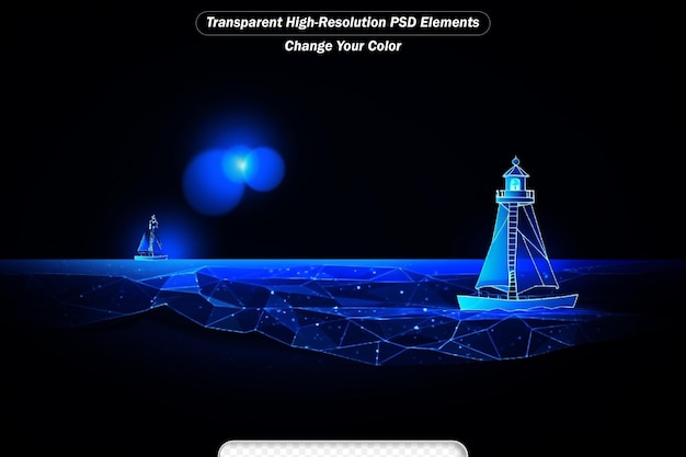 PSD zukunftsorientiertes bildungs- und lernkonzept mit leuchtendem low-poly-offenbuch und leuchtturm