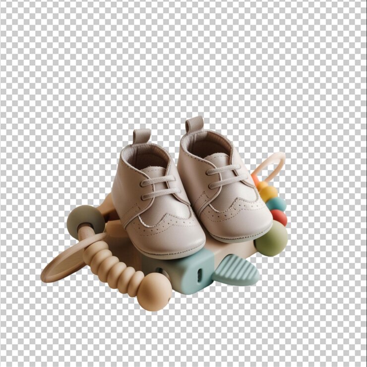 PSD zumbidos y dientes de zapatos para bebés sobre un fondo neutro