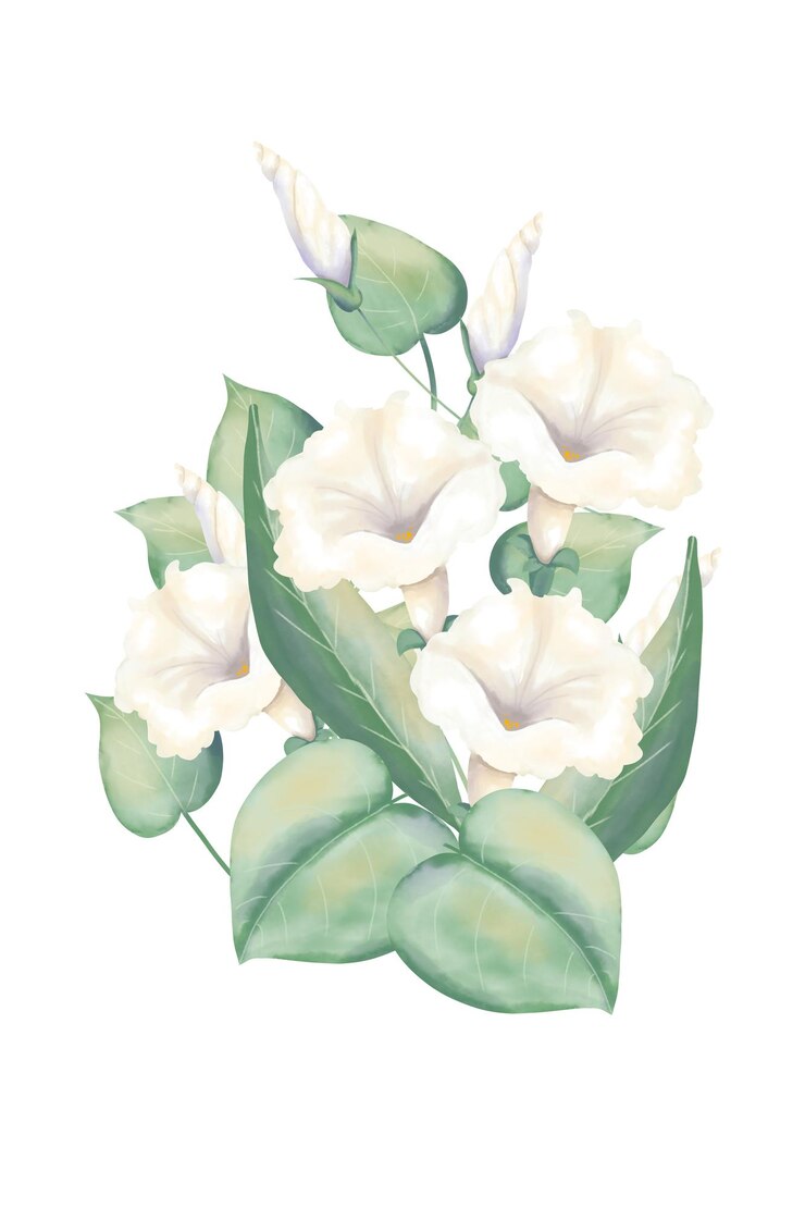 PSD zusammensetzung mit weißen pitunia-blüten und grünen blättern hochzeits aquarell-illustration