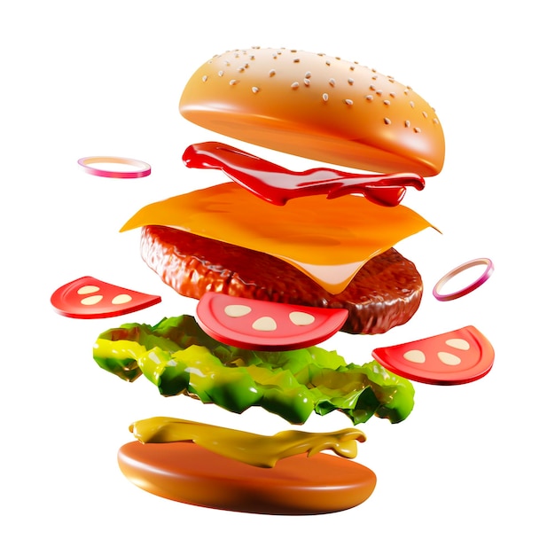 Zutaten eines klassischen Burgers isolierte 3D-Rendering